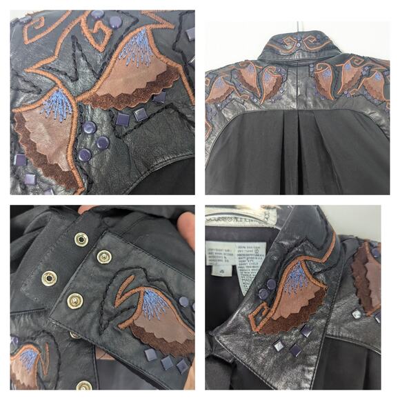 VTG Mercedes & Adrienne Black Silk Blouse Leather Stud Embellished Embroidered - Picture 12 of 12
